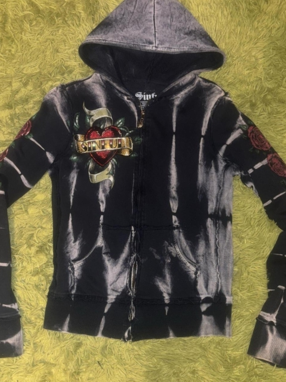 Bulgari Black and Gray Tie-Dye Zip Hoodie with Embroidered Roses